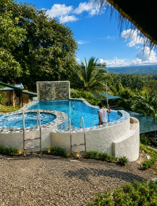 24sqm Main Pool and 4sqm Heated Jacuzzi. With Falls and Fountain