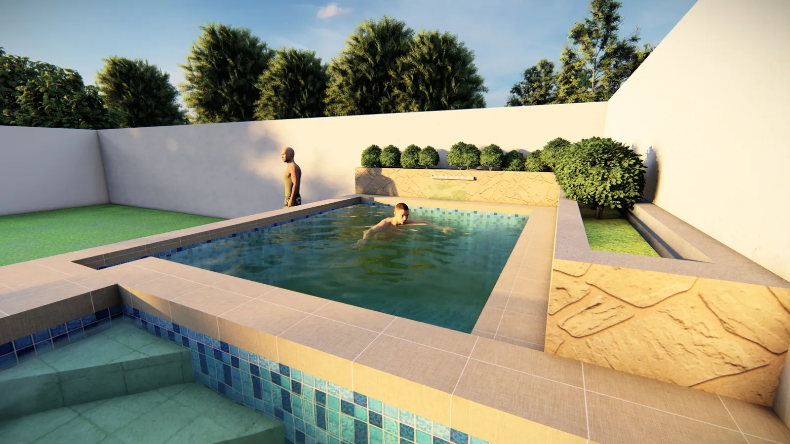 Design of 16 SQM Skimmer-Type Swimming Pool Design with Waterfalls and Fountain